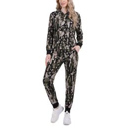 Petite NY Collection Long Sleeve Hooded Camo Jogger Set