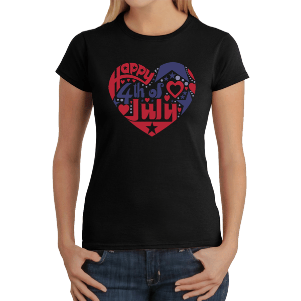 Womens LA Pop Art July 4th Heart Word Art T-Shirt