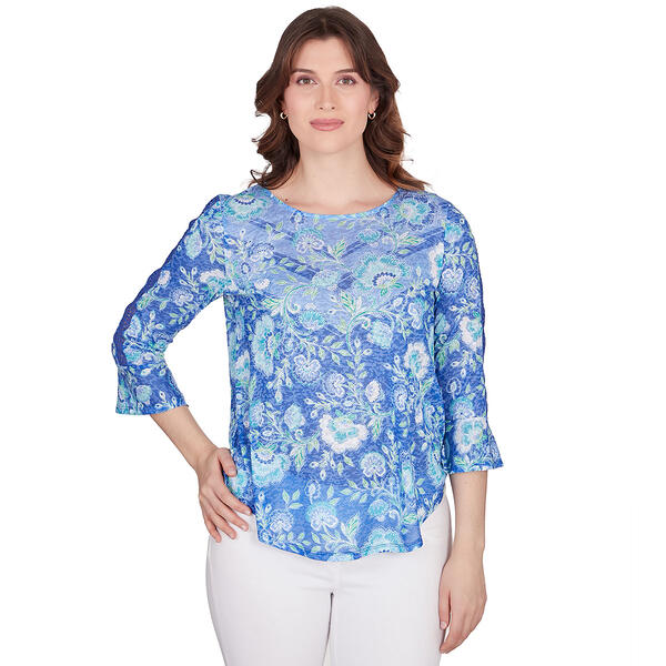 Womens Ruby Rd. Bali Blue 3/4 Sleeve Knit Tropical Blouse - image 