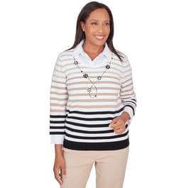 Petite Alfred Dunner Neutral Territory Woven Trim Stripe Sweater