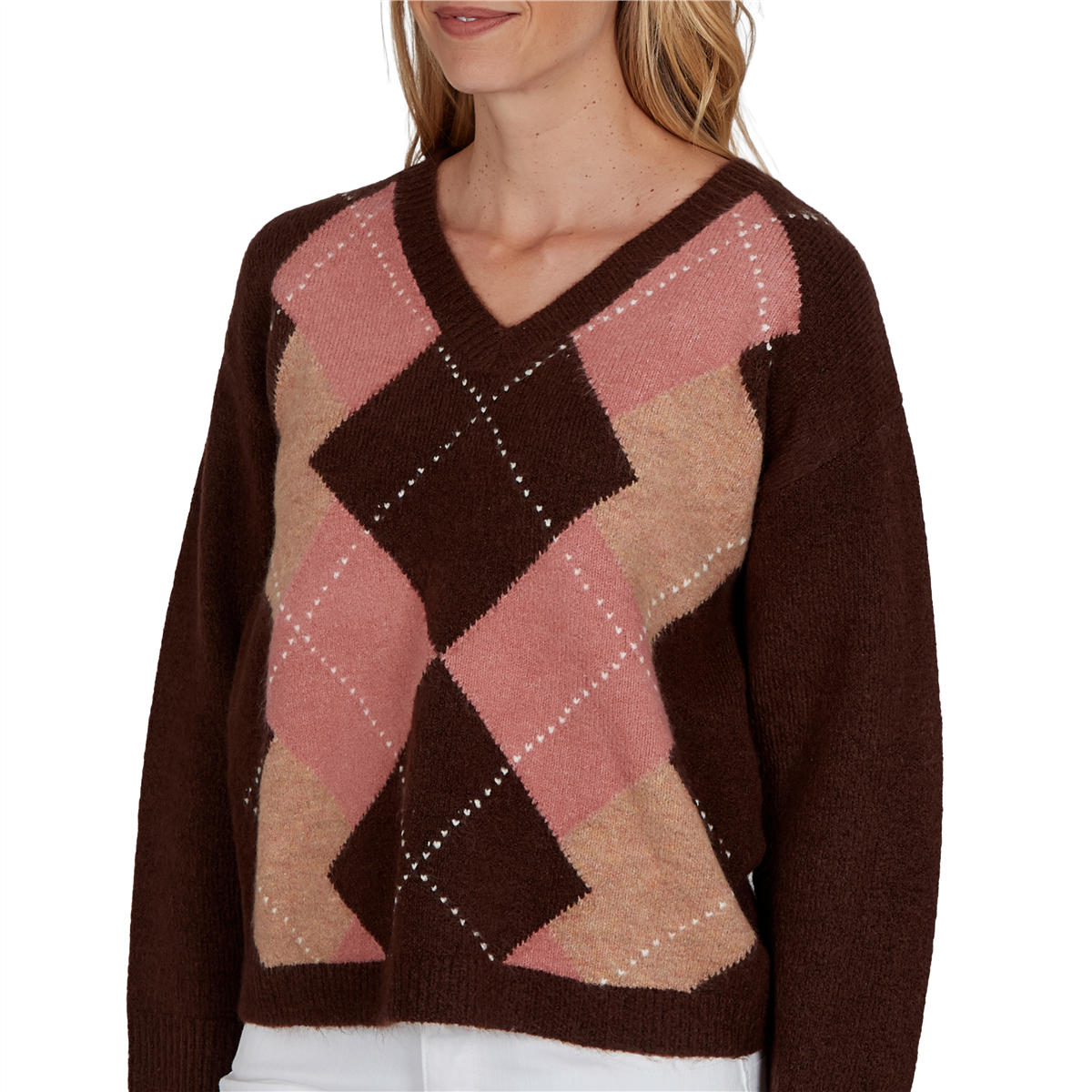 Womens Hearts of Palm Berry Fabulous V Neck Argyle Sweater