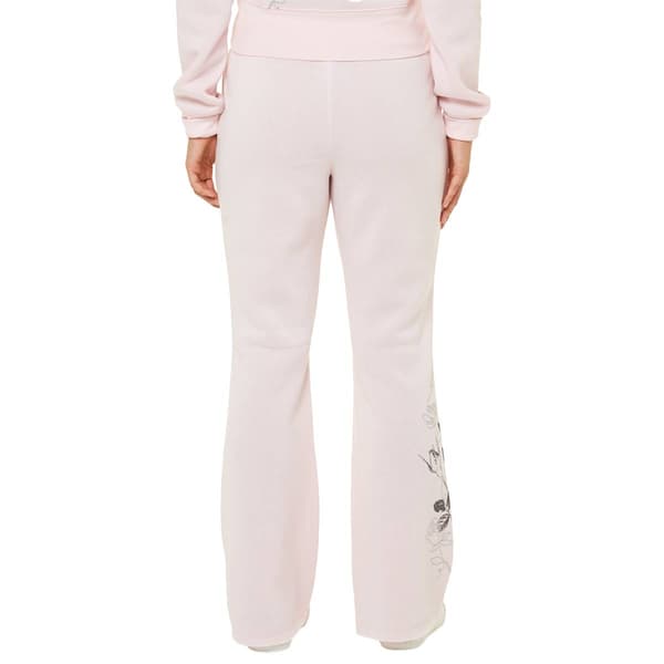 Juniors No Comment Foil Screen Fold Over Waist Flare Pants- Lilac