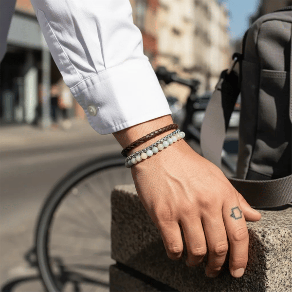 Mens Iron Saints Silver Foxtail Chain & Amazonite Beaded Bracelet