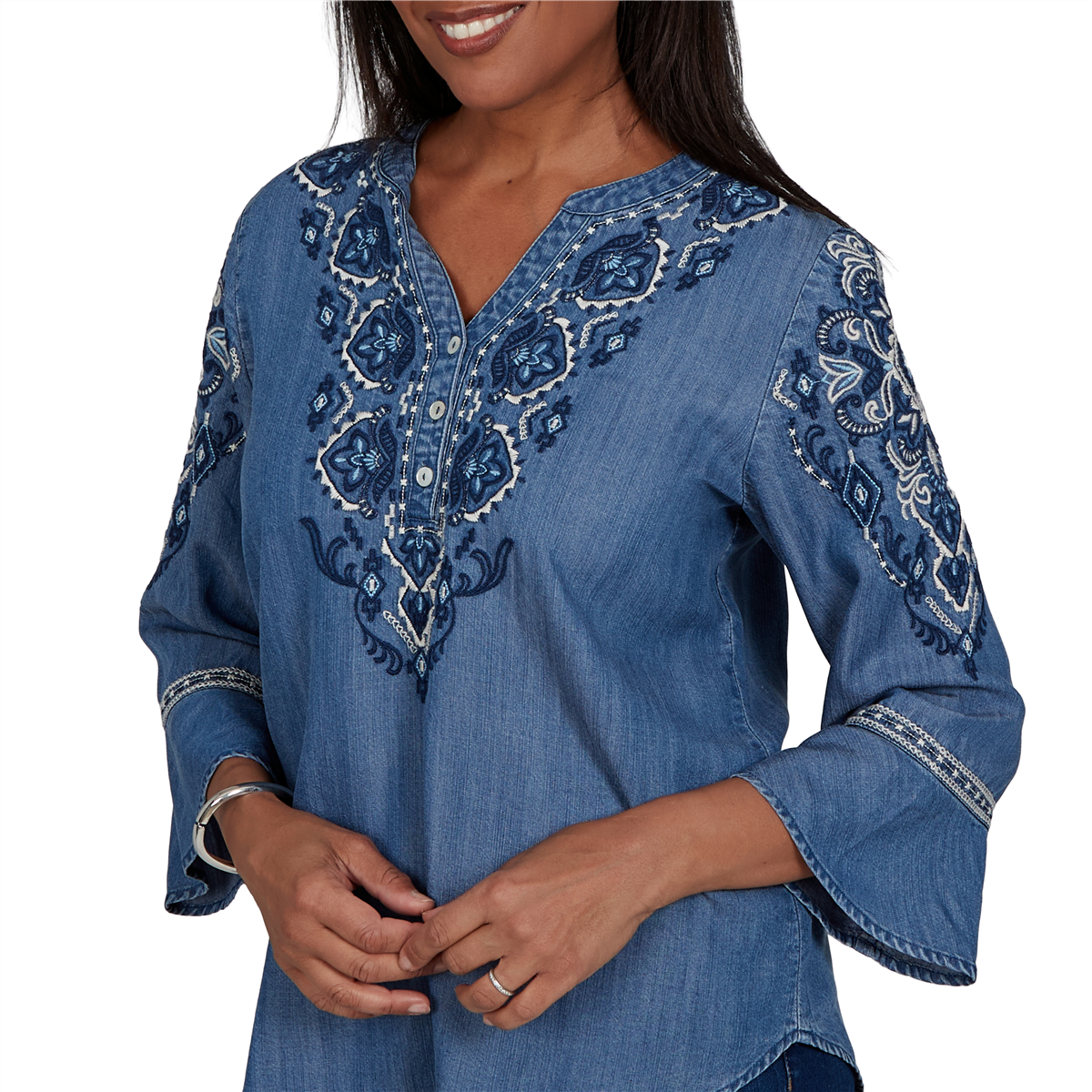 Womens Alfred Dunner Tuscany 3/4 Sleeve Embroidered Henley Blouse
