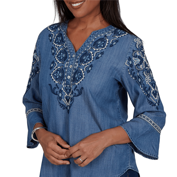 Womens Alfred Dunner Tuscany 3/4 Sleeve Embroidered Henley Blouse