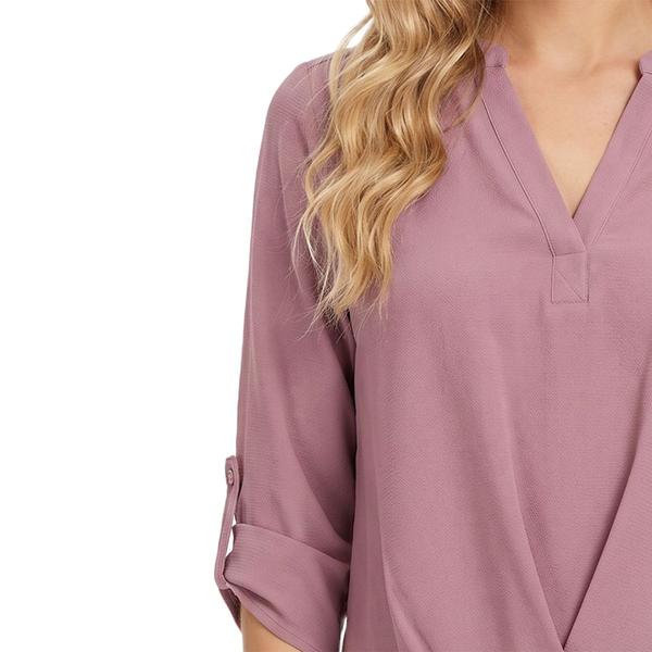 Womens NY Collection Roll Tab Woven Knot Front Solid Crepe Blouse