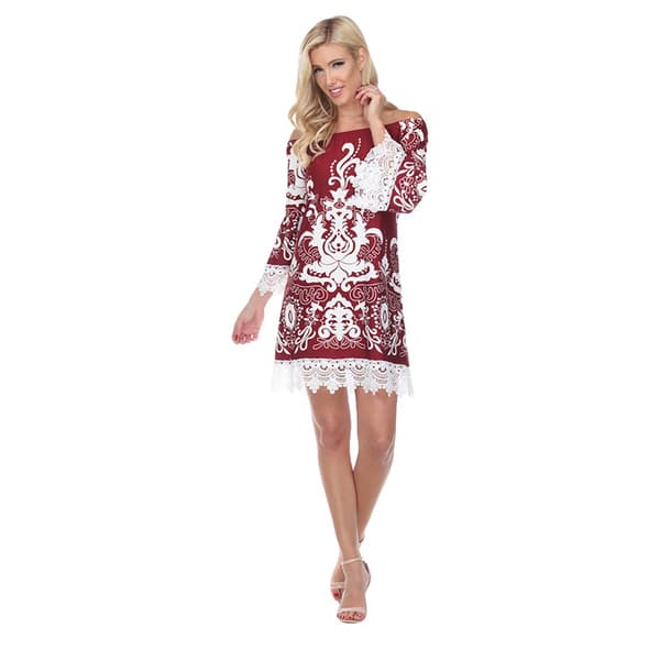 Womens White Mark Damask Lace Trimmed Shift Dress