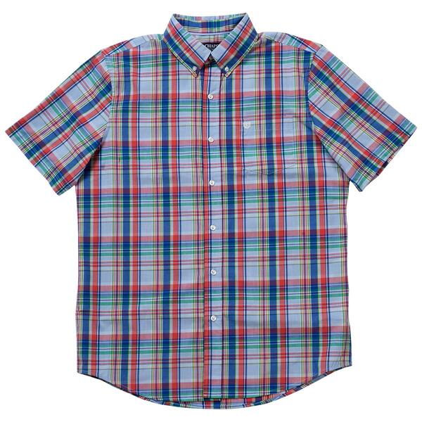 Mens Chaps Short Sleeve Stretch Button Down Plaid Shirt - Skyway - image 