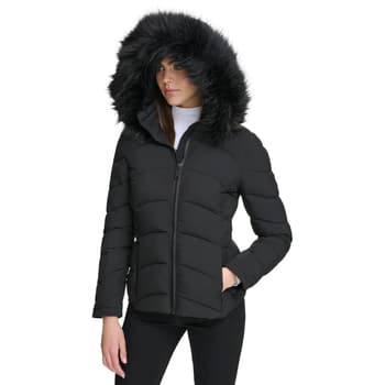 Womens Calvin Klein Short Stretch Puffer Jacket w/Faux Fur Hood - Boscov's