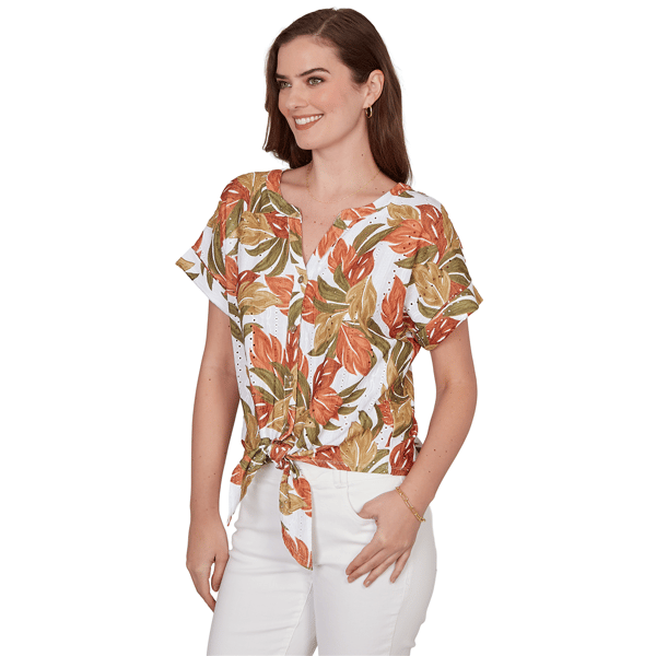 Petite Hearts of Palm Tropical Twist Eyelet Tie Hem Blouse