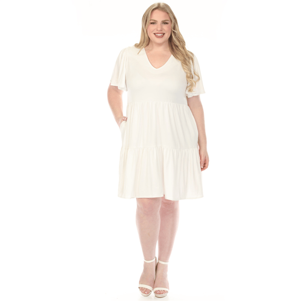 Plus Size White Mark Short Sleeve V Neck Solid A-Line Dress