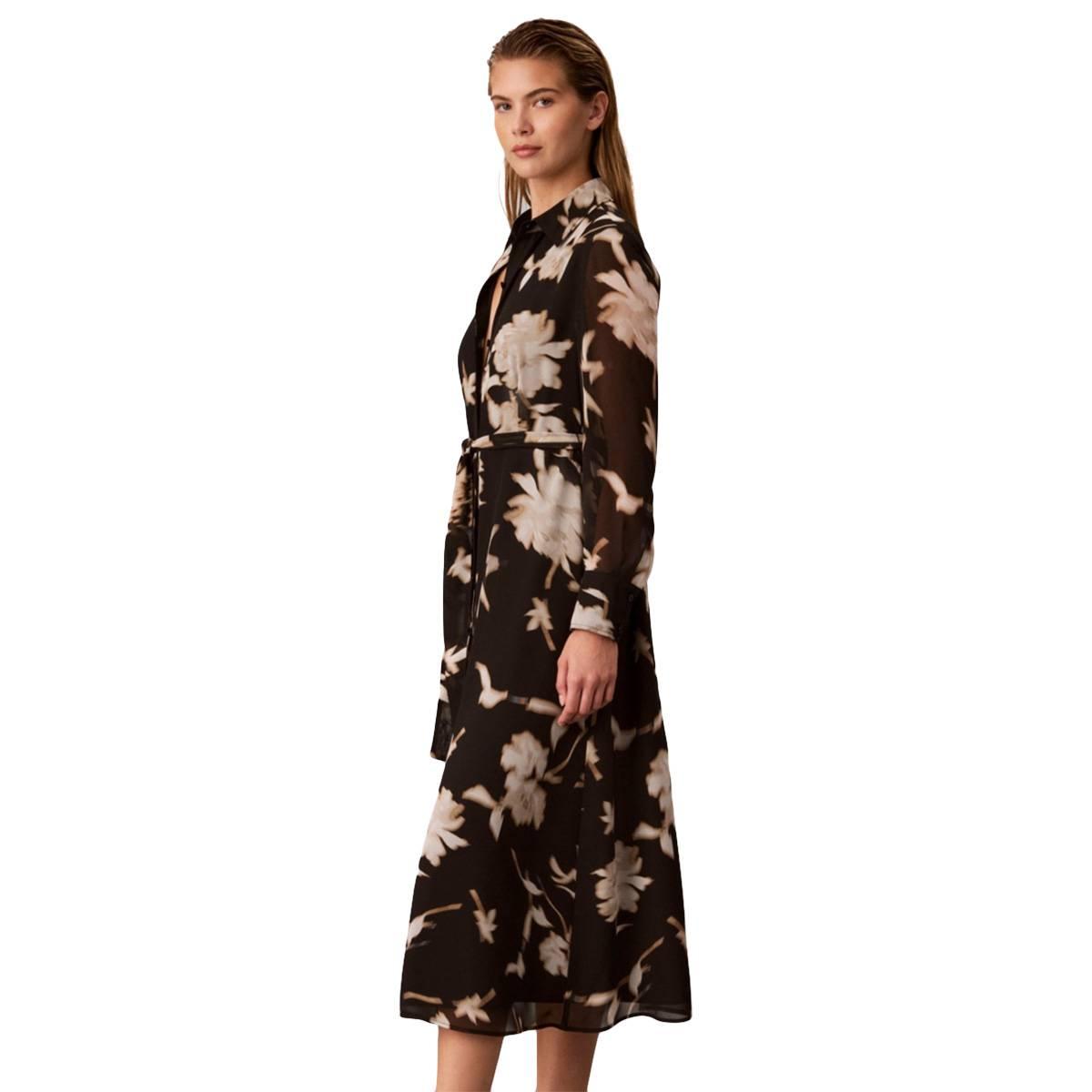 Womens Calvin Klein Long Sleeve Tie Waist Floral Shirtdress
