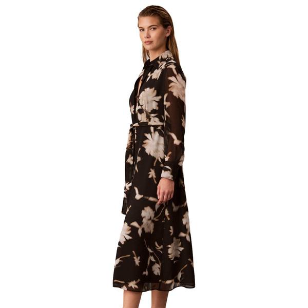 Womens Calvin Klein Long Sleeve Tie Waist Floral Shirtdress