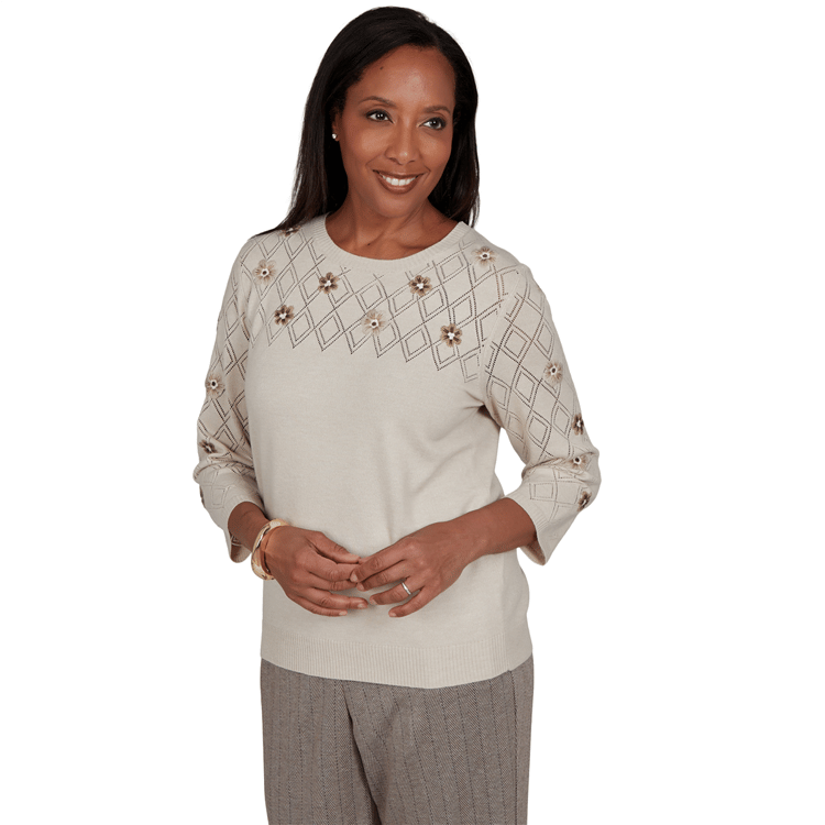 Petite Alfred Dunner Regent Street Floral Pointelle Sweater