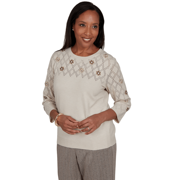Petite Alfred Dunner Regent Street Floral Pointelle Sweater
