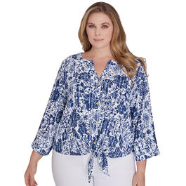 Plus Size Hearts of Palm Always Be My Navy Hibiscus Print Top