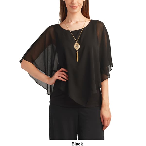 Womens AGB Solid Chiffon Popover Blouse with Necklace