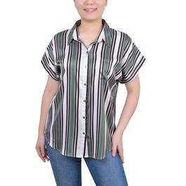 Womens NY Collection Short Sleeve Collar Striped Button Down Top