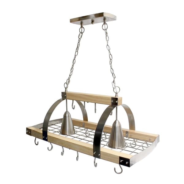 Elegant Designs 2 Bulb Wood & Nickel Pot Rack w/Downlights - image 