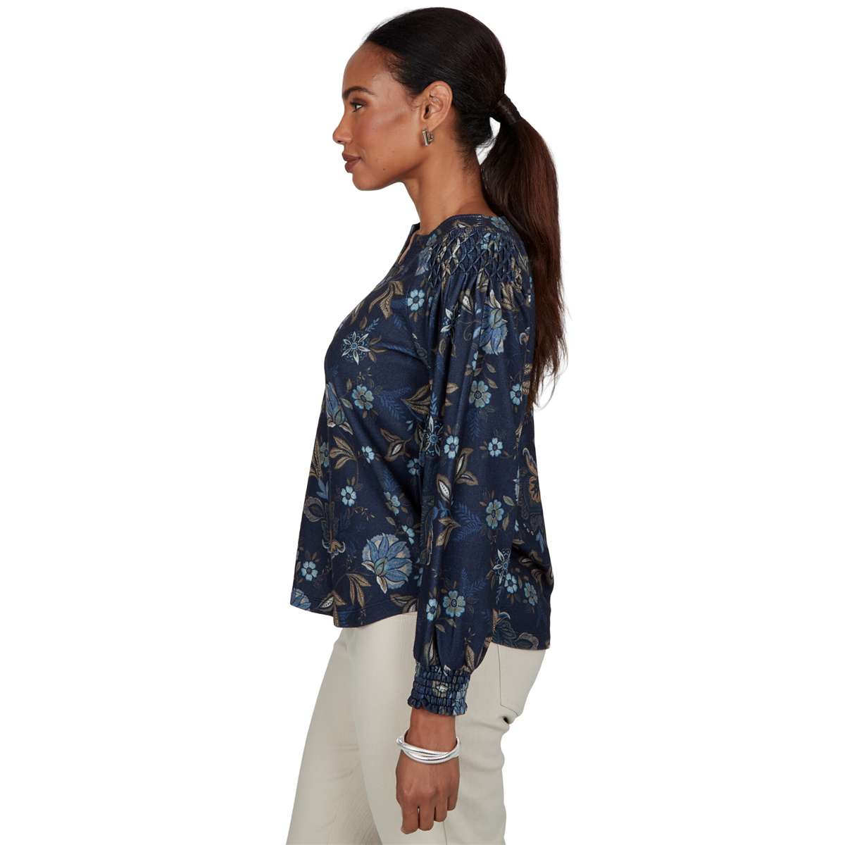 Womens Ruby Rd. Mythical Smocked Horseshoe Neck Floral Blouse