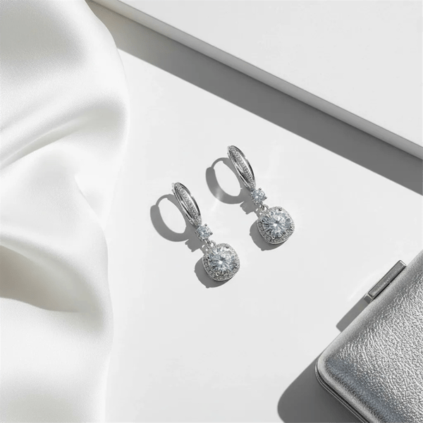 Saffron Sterling Silver 2ctw Moissanite Halo Drop Huggie Earrings