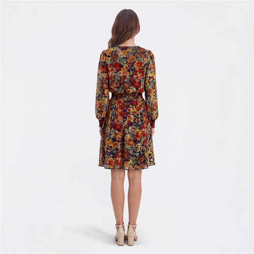 Womens MSK Long Sleeve V-Neck Floral Chiffon A-Line Dress