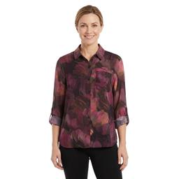 Womens DKNY Long Sleeve Roll Tab Blurred Floral Blouse
