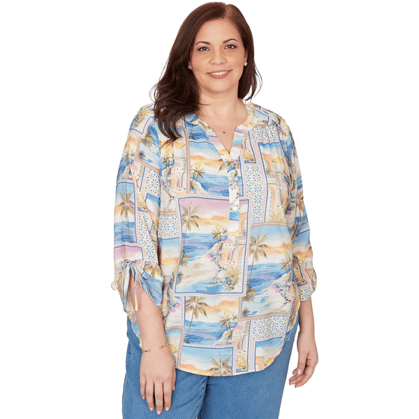 Plus Size Alfred Dunner Beachcomber Postcard Print Tie Sleeve He - image 