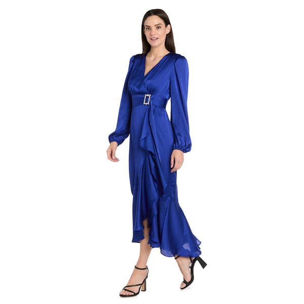 Womens R&M Richards Long Sleeve Satin Faux Wrap Dress