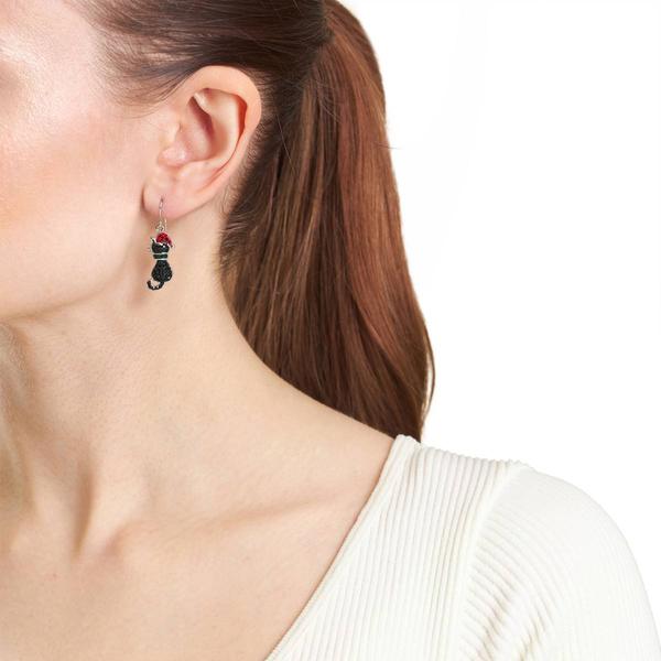 Athra Fine Silver Plated Crystal Christmas Cat Drop Earrings