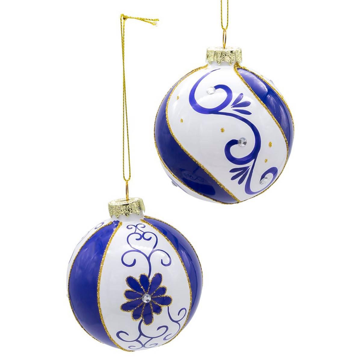 Kurt Adler 80mm 6pc. Blue &amp; White Glass Balls Set