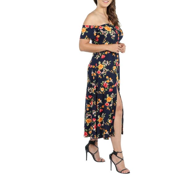 Plus Size 24/7 Comfort Apparel Navy Off The Shoulder Maxi Dress