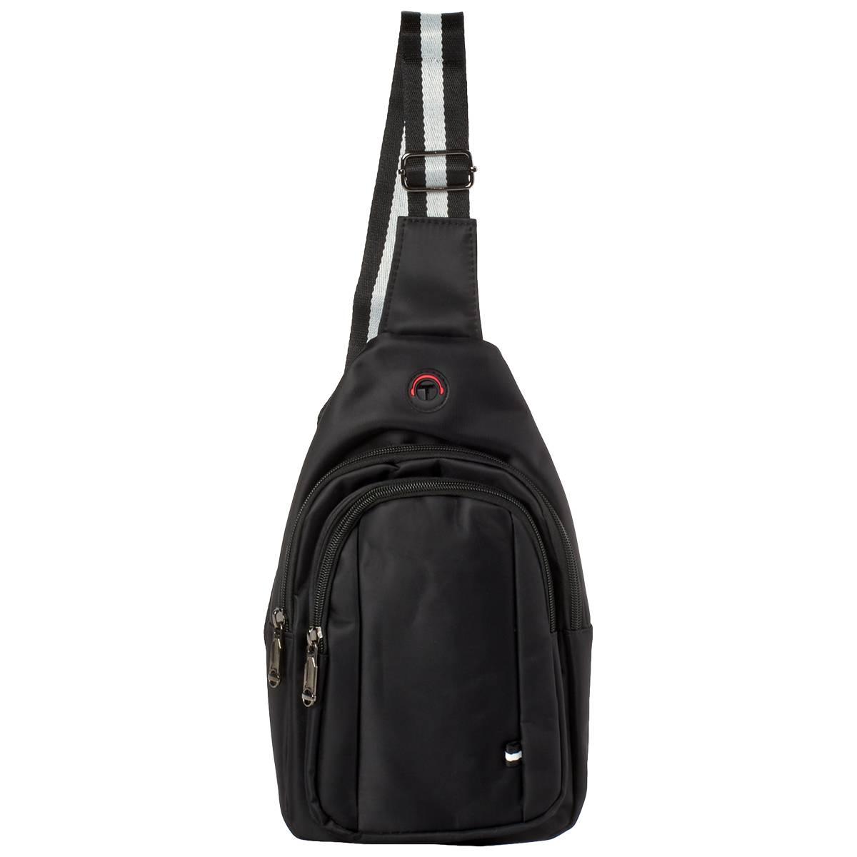 Mens Nylon Sling Bag with Striped Strap - Black