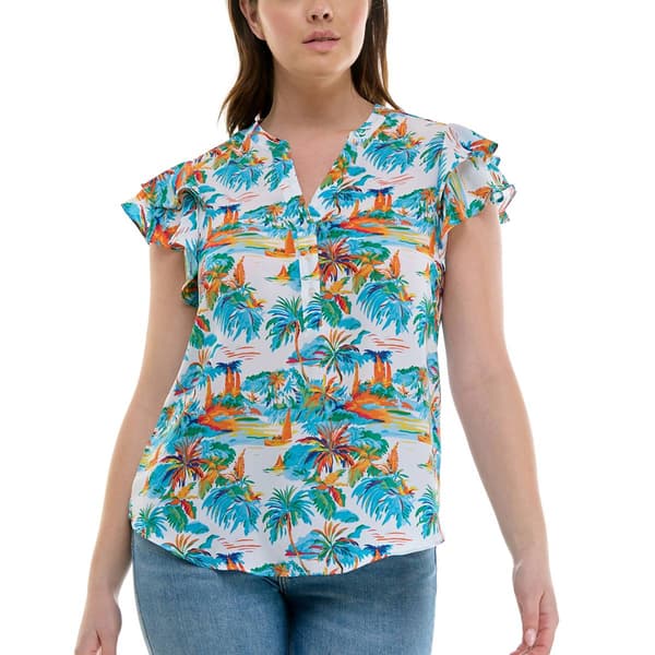 Womens Zac & Rachel Flutter Sleeve Beach Scenic Crepe Blouse - image 