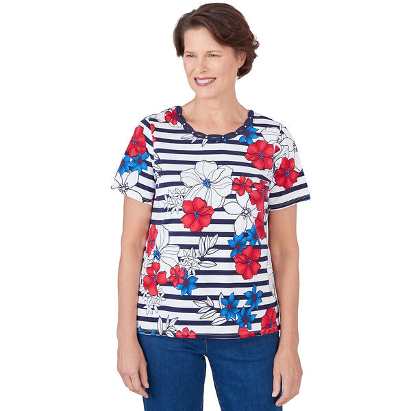Plus Size Alfred Dunner Key Items Short Sleeve Floral/Stripes Tee - image 