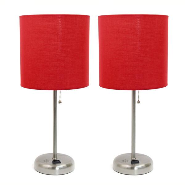 LimeLights Brush Steel Lamp w/Charging Outlet/Red Shade-Set of 2 - image 