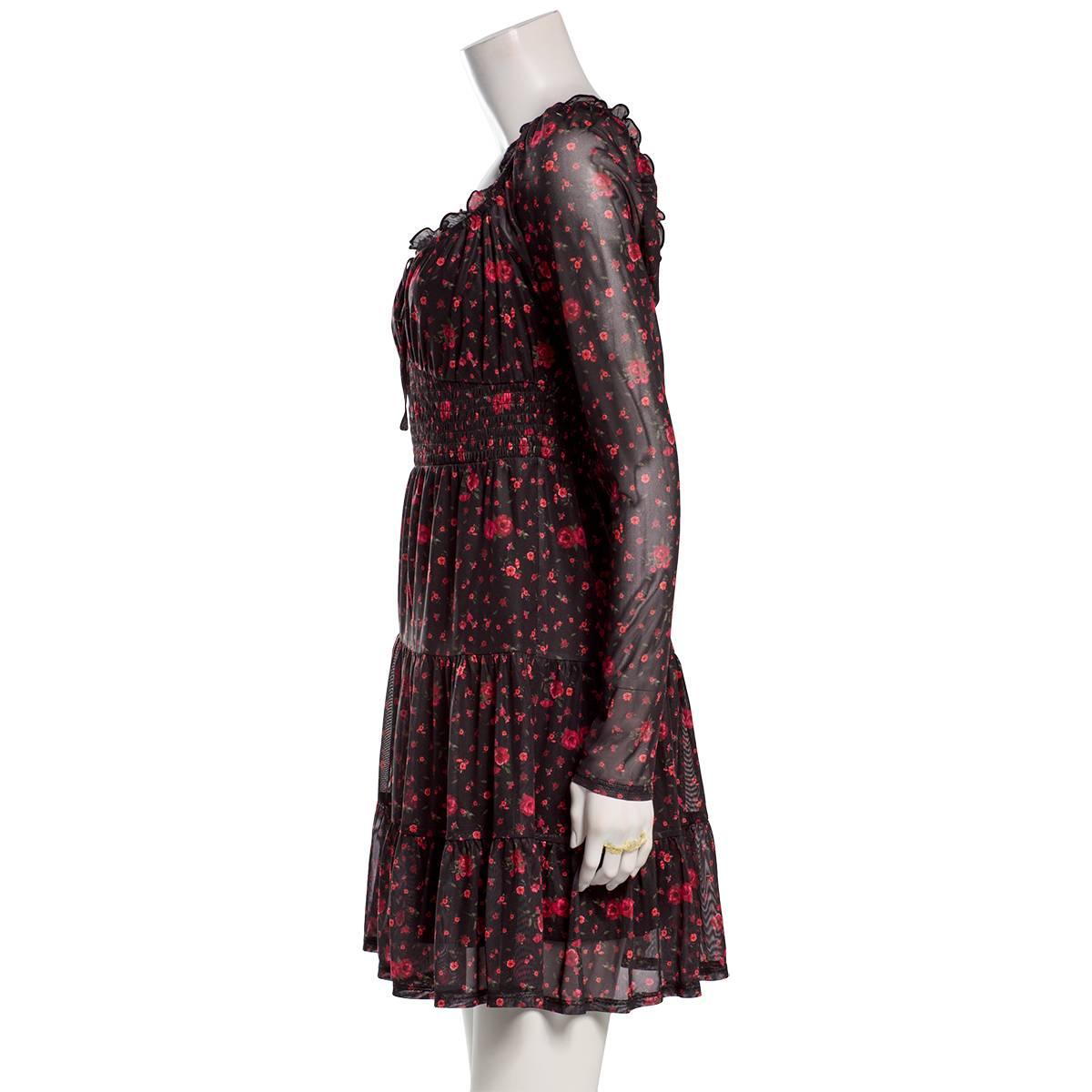 Juniors Jolt Long Sleeve Floral Print Smock Waist A-Line Dress