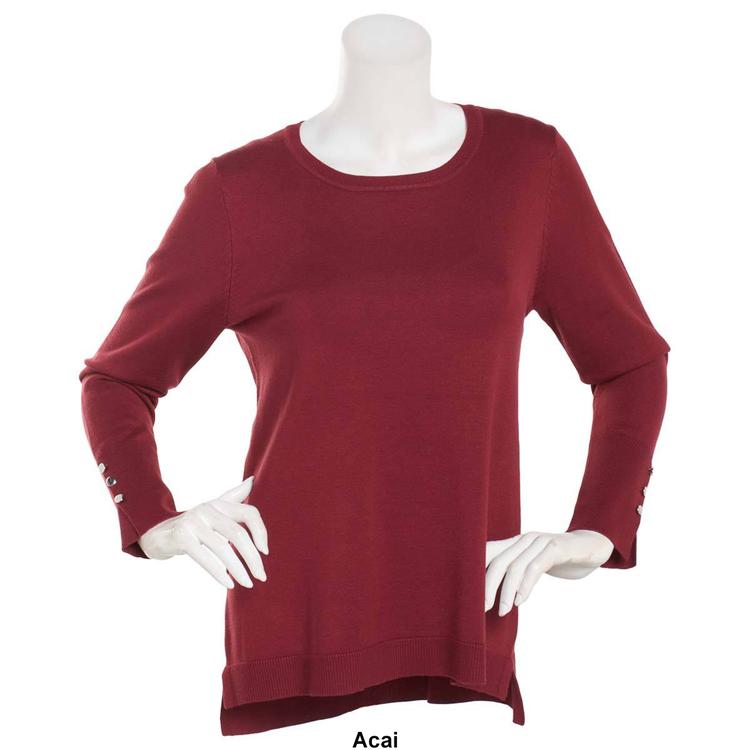 Plus Size Retrology Crew Neck Button Sleeve Side Slit Sweater