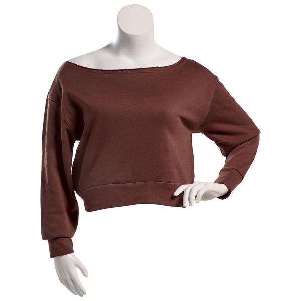 Juniors Cotton Candy Fleece Off the Shoulder Boat Neck Pullover - image 