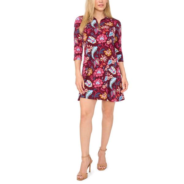 Petite MSK 3/4 Sleeve Floral 1/2 Zip Neck A-Line Dress