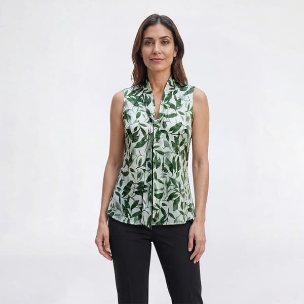 Petite Kasper Sleeveless Tie Front Leaf Satin Blouse