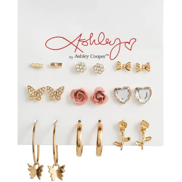 Ashley 9pr. Gold Plated Pave Butterflies & Flowers Earrings - image 