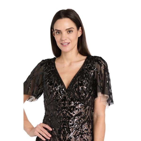 Plus Size R&M Richards Flutter Sleeve V-Neck Sequin Evening Gown