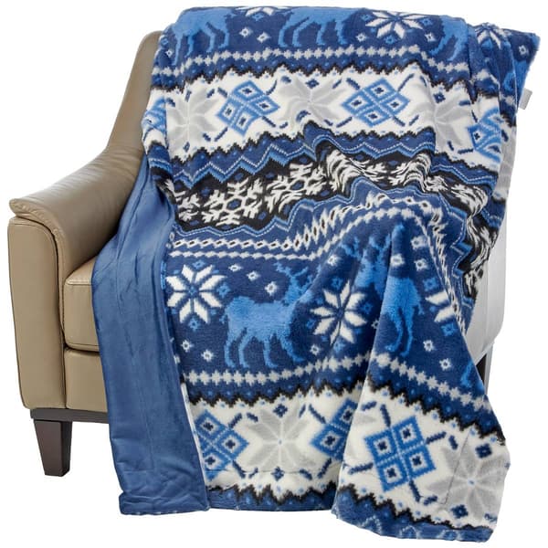 London Fog Fair Isle/Snowflake/Deer Plush Faux Fur Throw - image 