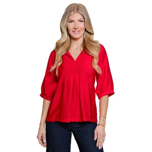 Womens Ali Miles Raglan Elbow Sleeve Solid Smock Front Blouse