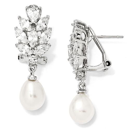Sterling Silver & CZ Cultured Pearl Drop Earrings - image 