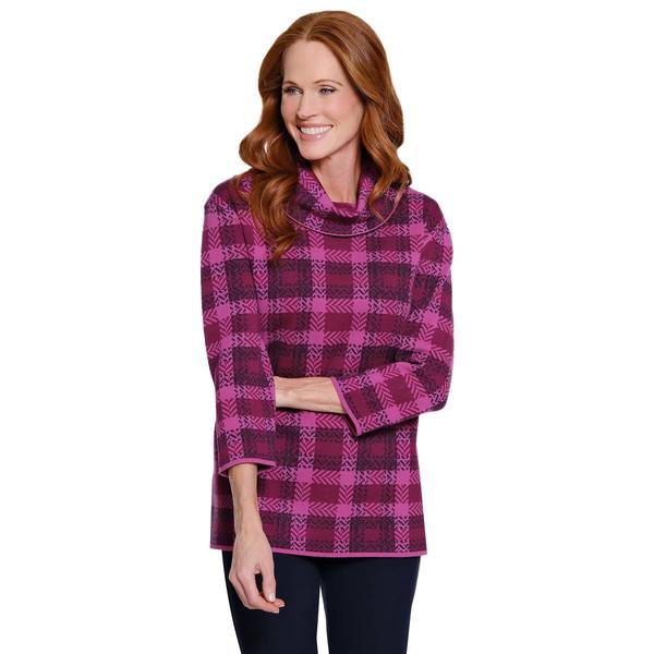 Petites Multiples 3/4 Sleeve Cowl Neck Jacquard Plaid Sweater - image 