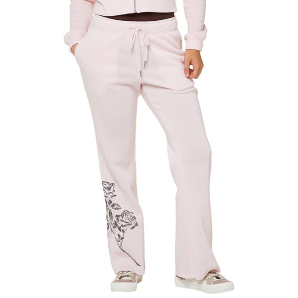 Juniors No Comment Foil Screen Fold Over Waist Flare Pants- Lilac - image 
