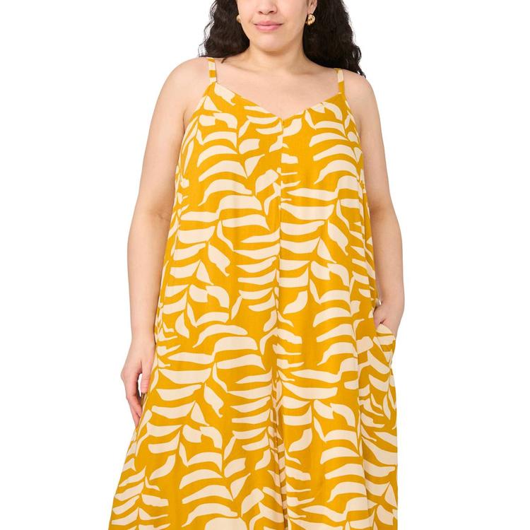Plus Size MSK Sleeveless Tropical Leaf Challis Jumpsuit