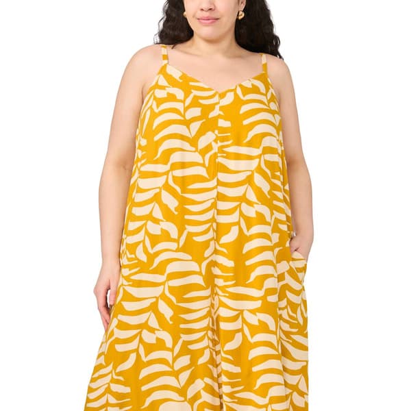 Plus Size MSK Sleeveless Tropical Leaf Challis Jumpsuit